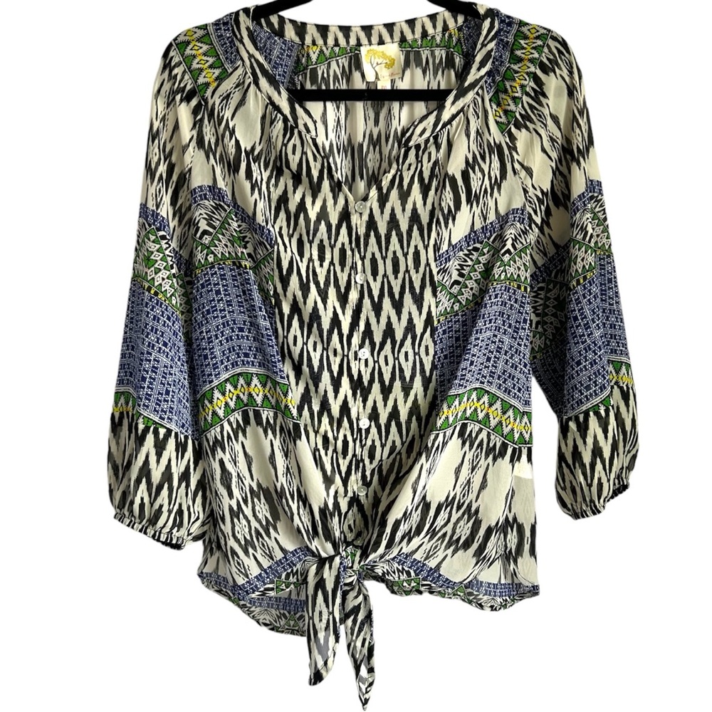 Tie front button up lightweight patterned top